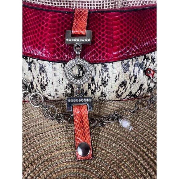 Tosca Blu Shoulder Saddle Bag – Snakeskin Leather Bag, Detachable Jeweled Chain- - Picture 3 of 16